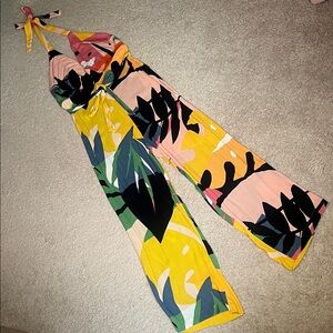 Olivaceous Tropical Print Halter Jumpsuit